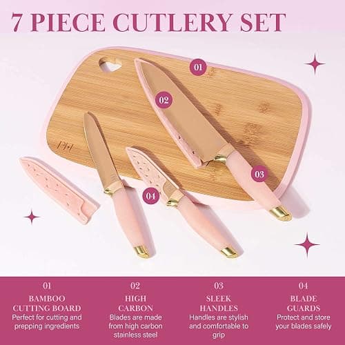 Paris Hilton Bamboo Cutting Board for Kitchen, Reversible Cutting Board and Cutlery Set with High Carbon Stainless Steel Knives and Blade Guards, Comfortable Handle Grips, 7-Piece Set, Gold and Pink thumbnail 3