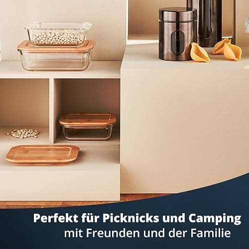 KHG Frischhaltedosen Glas Set 3-teilig Holz Deckel Bambus rechteckig, verschiedene Größen, auslaufsicher, luftdicht, spülmaschinengeeignet, mikrowellen- und backofengeeignet - - 3er Set Rechteckig thumbnail 5