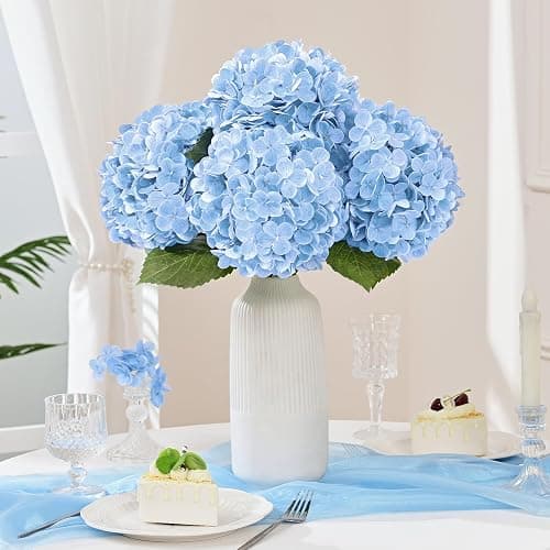 4 Pcs Blue Hydrangea Artificial Flowers, Latex Real Touch Hydrangea Flowers, 19.6'' Full Faux Hydrangea Flowers Fake Flowers for Home Decor Party Wedding Centerpiece Bouquet Floral Arrangements thumbnail 5