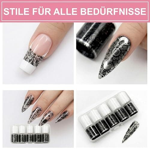 DASHUI 30 Rollen Schwarz-Weiße Spitze Transferfolie Nagelaufkleber Set – Lace Blumen Nail Art Folie für Nägel, Wraps Kit mit 15 schwarzen & 15 weißen Rollen thumbnail 6