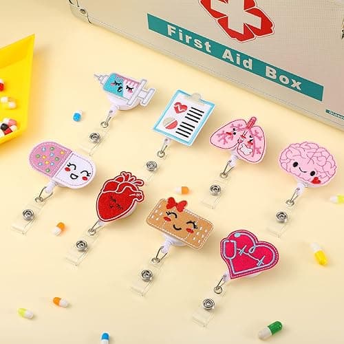8 Pcs Nurse Pediatric Badge Reels Gifts Cute Felt Retractable Badge Reels Themed Holders Gift for Nurses Doctors ID Name Cards Lanyards Holidays(Lovely Style) - Lovely Style thumbnail 2