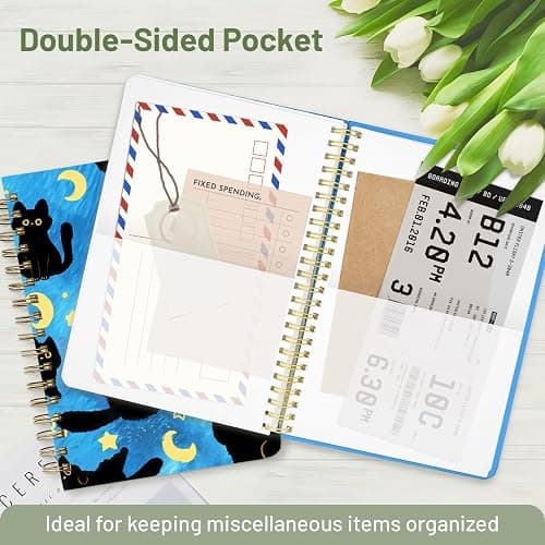 Stanoha Cute Spiral Notebook A5 Journal for Women Girls Kawaii Aesthetic Pretty Floral Design with Pocket, 8.5 x 5.7 inch, Line, Blue Black Cat thumbnail 6