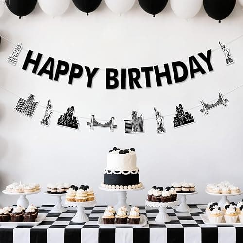 Cheerupp New York Cityscape Theme Party Decorations, Skyscraper Happy Birthday Garland, Night Scene Banner Party Sign for Birthday Party Decor Supplies thumbnail 2
