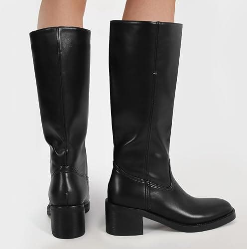 DOEYG Women's Banana Knee High Boots Square Toe Chunky Block Heel Tall Boots Wide Calf Fashion Comfortable Casual Pull on Long Boots thumbnail 6