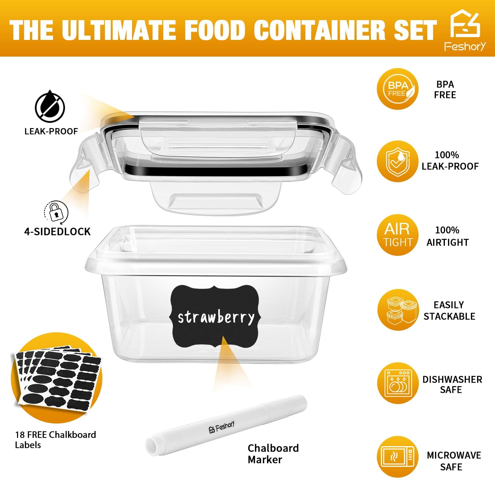 Feshory 22 Pack Airtight Food Storage Container Set, Fridge Organiser Ideal for Kitchen Organisation - Meal Prep Containers & Lunch Box with Leak Proof Lids thumbnail 4