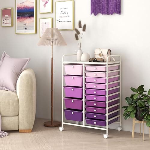 LDAILY 15 Drawer Rolling Storage Cart, Rolling Cart with Drawers for Classroom, Art Supply Craft Organizer on Wheel with Metal Frame & Handles for Home Office School thumbnail 8