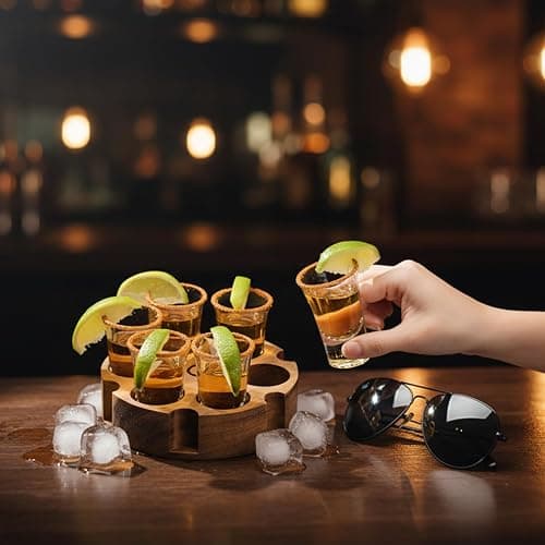 SUN GKOTTA Shot Glass Set Of 6,Tequila Glasses With Wooden Holder-Small Clear Shots For Restaurant,Bar,Party(Rustic Burnt Deluxe) thumbnail 6