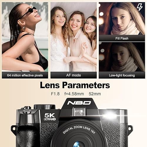 NBD 5K Digital Cameras for Photography - 16X Zoom Travel Camera with 180° Flip Screen, 64MP Vlogging Cameras Fotograficas for YouTube, Auto Focus, Macro Lens, 2 Batteries & 64GB TF Card（Black） thumbnail 5