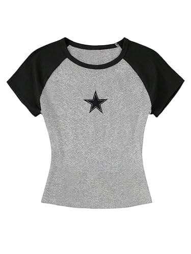 RoseSeek Girl's Star Patchwork Color Block Crop Tops Short Sleeve Crew Neck Ribbed T Shirts - Image 1