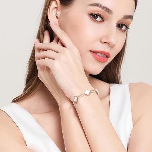 KINFERTE for 18K Gold Plated Double Sided Clover Bracelet for Women Lucky Four Leaf Clover Bracelet Flower Link Bracelets Trendy Jewelry Gifts for Women,Wife, Girlfriend, Mom, Sister, Bestie, Grandma thumbnail 7