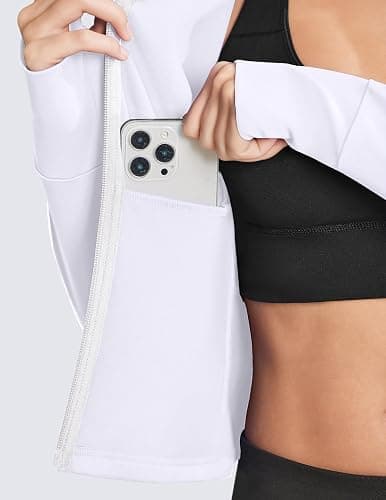 PINSPARK Women Cropped Workout Jackets Full Zip Slim Fit Athletic Jackets Thumb Holes Running Jacket with Zipper Pockets thumbnail 4