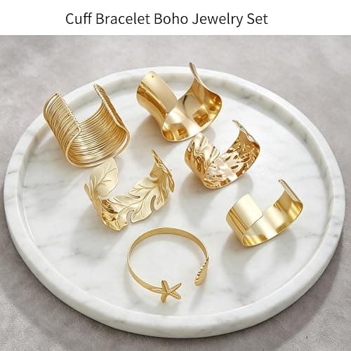COLOYAN 6PCS Gold Cuff Bangle Bracelets for Women | Sturdy Durable Open Gold Wrist Cuff Bangle,Boho Beach Style, Starfish Shell Leaf Design, Dresses, Vacations, Nights out thumbnail 3