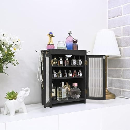 Ikee Design Wooden Countertop Storage Cabinet with Wavy Magnetic Door, Adjustable Shelves, Removable Hooks. Perfect for Perfume, Figurines, and Coffee Cups, Black Color, 10.4 W x 6.1 D x 14.4 H in thumbnail 6