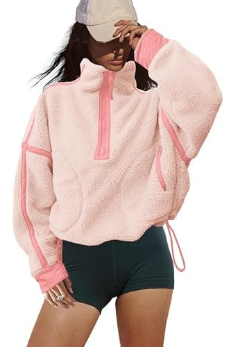 LAMISSCHE Half Zip Sweatshirt Women Oversized Sherpa Jacket V Neck Fleece Pullover Hoodie with Pockets thumbnail 2