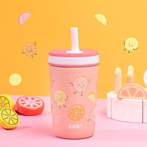 Zak Designs Kelso Tumbler Toddler Cup For Travel or At Home, 12oz Vacuum Insulated Stainless Steel Sippy Cup With Leak-Proof Design is Perfect For Kids (Happy Fruit) thumbnail 2
