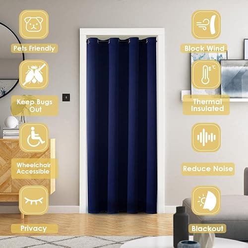 ChrisDowa Blackout Curtains Door Curtain for Doorway Privacy Closet Drapes | 34W x 80L, for Living Room/Bedroom Closet Door, Thermal Insulate Temporary Doorway Single Curtain Drapes, 1 Panel Navy thumbnail 3