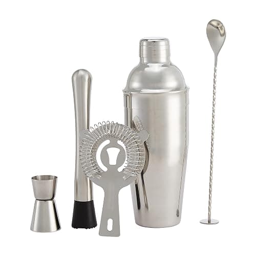 Amazon Basics Barbesteck Set, 710-ml-Shaker, Sieb, Jigger und Muddler, 5er-Pack, Edelstahl - 5 Stück - Image 1