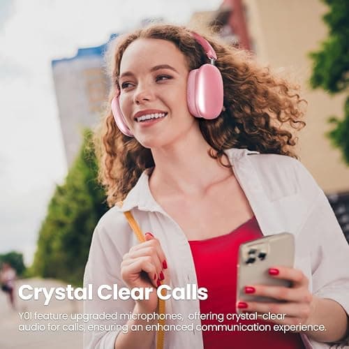 Wentronic Y01 Wireless Noise Canceling Headphones Bluetooth 5.3 Over Ear Headphones with Microphone, Hi-Res Audio, 48H Playtime, Foldable Comfortable Earpads,Compatible with iOS,Android,PC, Pink thumbnail 5