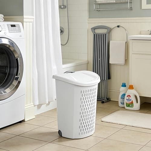 Wheeled Laundry Hamper with Retractable Handle, Plastic Rolling Laundry Basket for Easy Transport, Large 2-Bushel Capacity Clothes Hamper. Suitable for Laundry Rooms, Bathrooms, and Dormitories. White thumbnail 2