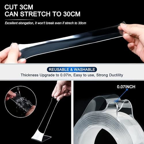 SANKEMU Double-Sided Tape Heavy Duty 9.84 FT x 1.18 in – Clear Removable Mounting Tape for Walls, Carpet, Rugs, Posters – Reusable, No-Residue, Indoor/Outdoor Nano Gel Grip thumbnail 3