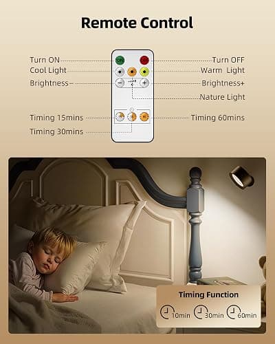 LED Wall Mounted Lights, Rechargeable Wall Sconces with Remote & Touch Control, 3 Color Temperatures 360° Rotation Dimmable Cordless Wall Light for Bedroom Study Reading Bedside (Black, 3 Pack) thumbnail 2