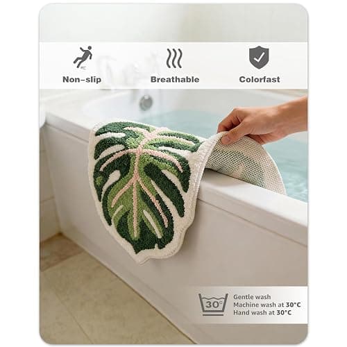 Sisher Cute Monstera Bath Mat,Green Leaf Bath Mat,Non Slip,Soft,Absorbent,Machine Washable for Bathroom Bathtub Rugs,Toilet,Kids Room,Bedroom,Monstera Leaf Rug(21"X26") thumbnail 8