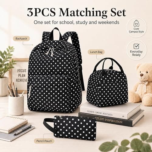 Bluboon Teen Girls School Backpack Kids Bookbag Set with Lunch Box Pencil Case Travel Laptop Backpack Casual Daypacks (Black Polka Dots) thumbnail 2