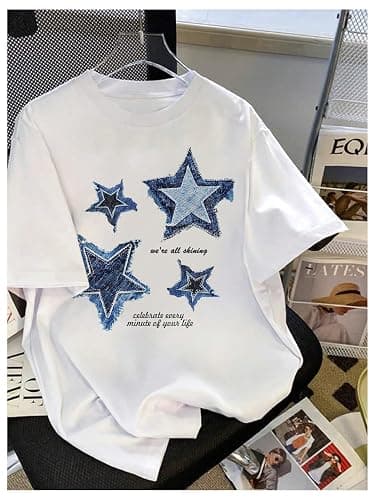 RoseSeek Girl's Drop Shoulder Letter Star Print Tee Tops Loose Short Sleeve Crew Neck T Shirts thumbnail 3
