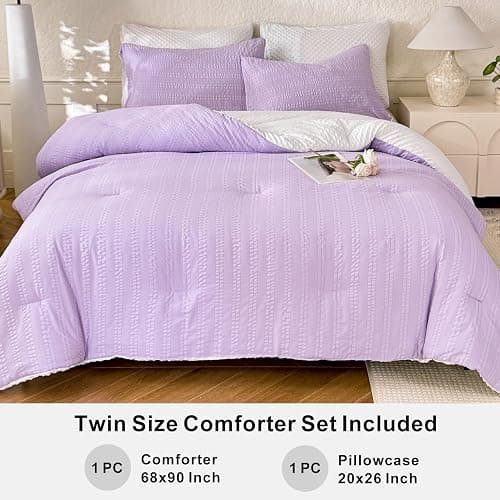 tohrisa Boho Comforter Set Twin Size Striped Pleats Bohemian Seersucker Bedding Set All Season Soft Cozy 2 Pieces Quilt with 1 Pillowcase(68"X90" Lavender) thumbnail 5