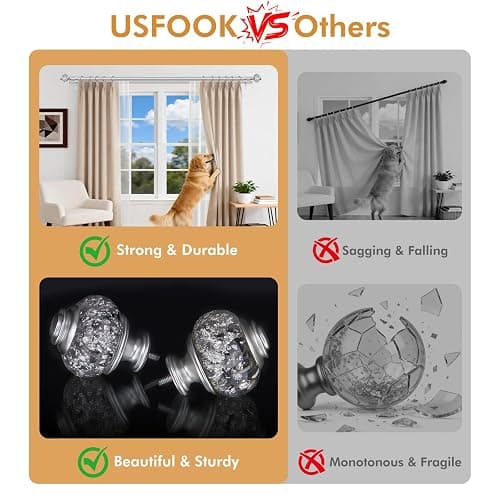 USFOOK Double Curtain Rods for Windows 66-120, 1 Inch Drapery Rod, Silver | Double Layer Window Treatment Rods, Decorative Crystal Ball Finials, Heavy Duty Adjustable Pole, Supports 33lbs, Wall Mounted thumbnail 5