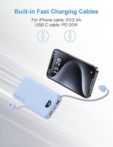 Ffnpua Portable Charger with Wall Plug, 12000mAh USB C Power Bank Fast Charging, External Battery Pack with Built in Cables, Digital Display, 5 Output 4 Input for iPhone Android Cell Phone Tablet thumbnail 5