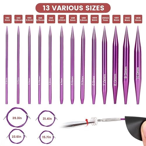 liomey Interchangeable Circular Knitting Needles Set - 13 Pairs of 4 Inch (3mm-10mm), Aluminum Needles, Ergonomic Design for Beginners and Advanced Knitters, Purple thumbnail 2