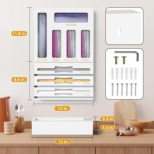 DALSHABET 9 IN1 Bamboo Storage Bag Drawer Organizer with Cutter, Foil and Plastic Wrap Dispenser for Kitchen Storage Compatible with All Brands Gallon, Quart, Sandwich & Snack Size Bags - White thumbnail 3