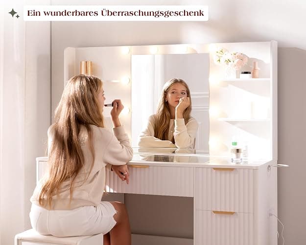 LUXOAK Schminktisch mit Spiegel & 10 LED-Lampen, Großer Frisiertisch mit Glasplatte & Steckdose, 7 Schubladen & Föhnhalterung, Moderner Kosmetiktisch für Schlafzimmer (Weiß, 120 x 39.8 x 136.4 cm) thumbnail 9