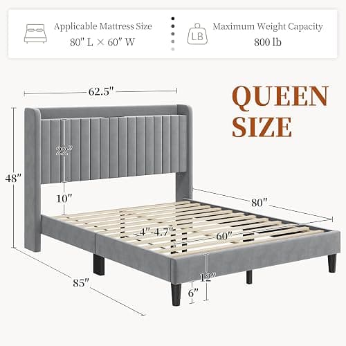 Yaheetech Queen Bed Frame with USB Charging Station and Storage Shelf/Upholstered Headboard Platform Bed with Wing Side/Wooden Slats Support/Noise Free/No Box Spring Needed/Easy Assembly, Light Grey thumbnail 2