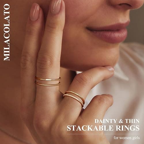 MILACOLATO 14K Gold Plated 1.3mm Thin Stackable Rings for Women - Minimalist Non Tarnish Half Cubic Zirconia Band Rings - Dainty Trendy Statement Stacking Rings Set Size 5-10 thumbnail 2