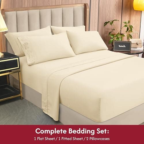 LONAVA Twin Size Sheet Set - 4 Piece Hotel Luxury Wrinkle-Free Microfiber Sheet, Oeko-TEX Certified, Breathable & Elastic, 16" Deep Pockets, Cream thumbnail 5