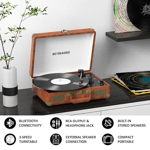 Vinyl Record Player 3-Speed Bluetooth Portable Suitcase Records Player with 2 Built-in Stereo Speakers, Belt-Driven Turntable for Vinyl Records, Support RCA Line Out, AUX Out, Brown thumbnail 3