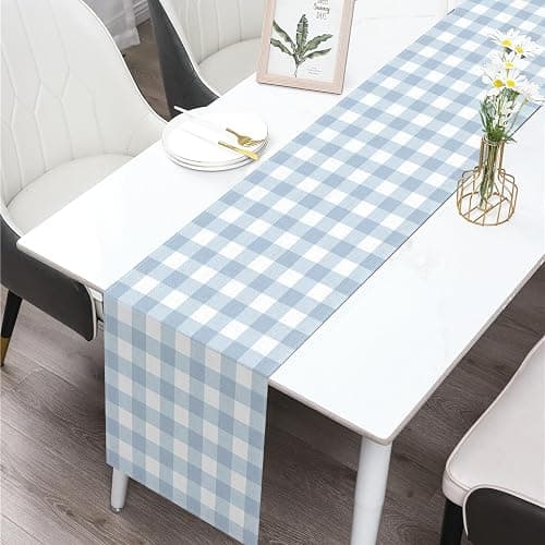 Buxiuer Dusty Blue Gingham Table Runner Light Blue Checkered Boy Girl Baby Shower Birthday Party Decoration Home Dining Kitchen Island Decor (13" x 72") thumbnail 2