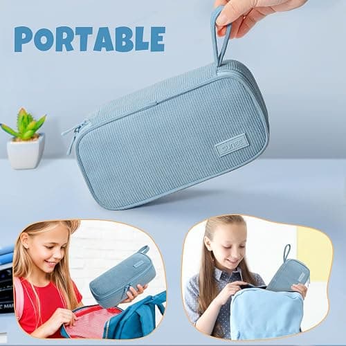 SUNEE Cute Pencil Case, Large Capacity Pencil Pouch Aesthetic Zipper Pencil Bag, Big Storage Pen Organizer for Stationery, Soft Corduroy Pencil Box Back to School Supplies for Teen Girls Boys, Blue thumbnail 8