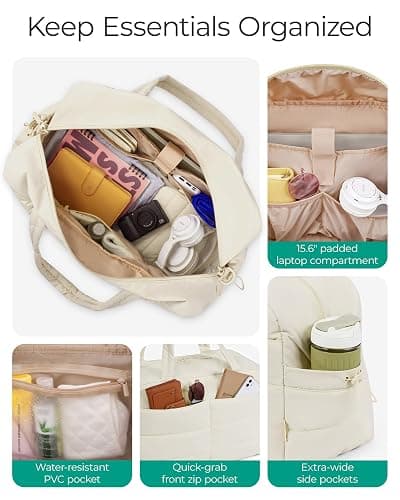 BAGSMART Gym Bag for Women, Lightweight Puffer Duffle Bag 2-PC Travel Bag, 31L Weekender Overnight Bag Quilted Carry On Tote Bag, Diaper Hospital Dance bag for Travel, Gym, Water Resistant, Beige thumbnail 4