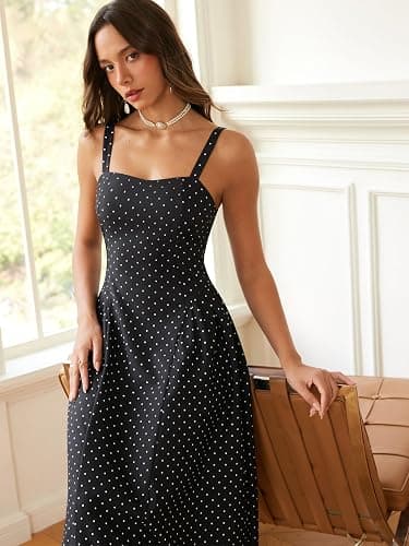 CIDER Womens Polka Dots Summer Casual Dresses Square Neck Sleeveless Midi A Line Elegant Dress thumbnail 3