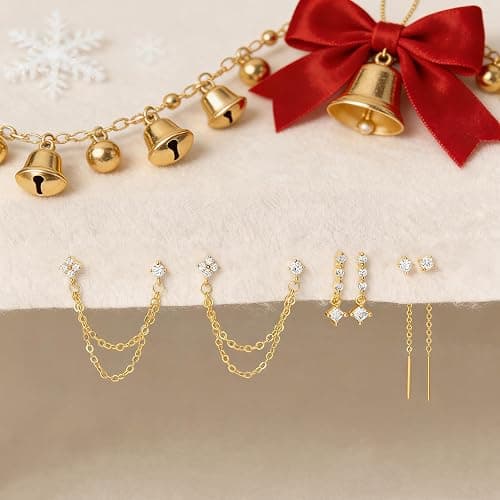 Moodear Dangle Earrings 3/4 Pairs Dainty 14K Gold Plated Earrings for Women Trendy Chain Earring Stacks Set Cubic Zirconia Drop Hoop Stud Hypoallergenic Earrings for Women Jewelry Gifts thumbnail 5