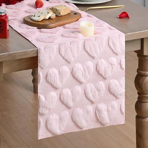 Artoid Mode Pink Soft Plush Faux Fur Jacquard Love Heart Valentine's Table Runner, Kitchen Dining Table Decoration for Home Party Decor 13x72 Inch - Image 1