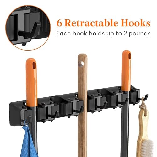 Lifewit Mop and Broom Holder Wall Mount, Anti-Slip Broom Hanger for Cleaning Supplies Organizer, Easy Install Tool Hanging Rack for Closet, Kitchen, Garage, 5 Slot 6 Hooks, Hold 30lbs, Black, 1 Pack thumbnail 5