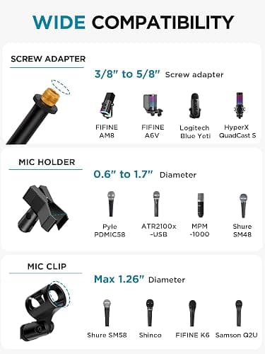 InnoGear Microphone Stand, Tripod Boom Arm Floor Mic Stand Height Adjustable Heavy Duty with Carrying Bag 2 Mic Clips 3/8" to 5/8" Adapter for Singing Podcast for Blue Yeti Shure SM58 SM48 Samson Q2U thumbnail 5