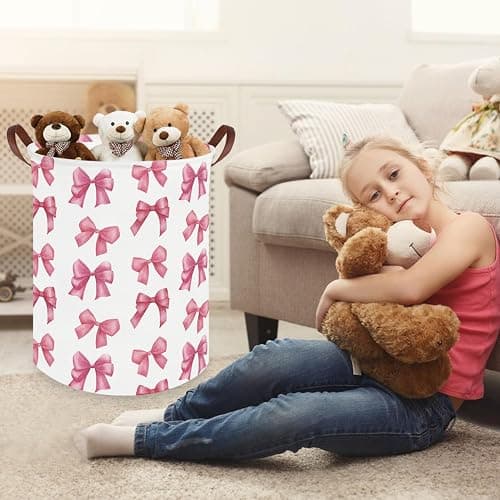 FXOCSHE Bow laundry basket for girls,Nursery Hamper,Pink Laundry Hamper,Waterproof collapsible canvas laundry basket for girls,Pink Girls Laundry Basket,Living Room Decor(Bowknot) thumbnail 5
