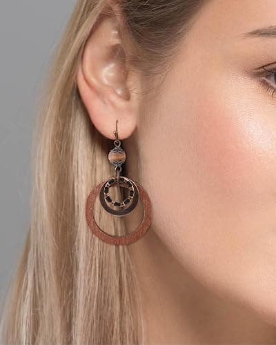 Wooden Earrings for women with Copper and Wood Circle dangle Lightweight Geometric Brown Earrings for Western Bohemian ethnic style thumbnail 2