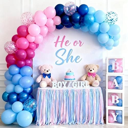 Pink and Blue Summer Balloons, 12 Inch Hot Light Pink Metallic Dark Blue Latex Balloons with Confetti Balloon for Tropical Hawaiian Gender Reveal Cartoon Birthday Pool Baby Shower Party Decorations thumbnail 7