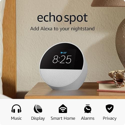 Amazon Echo Spot (newest model), Great for nightstands, offices and kitchens, Smart alarm clock with Alexa, Glacier White - Glacier White - Device only thumbnail 7